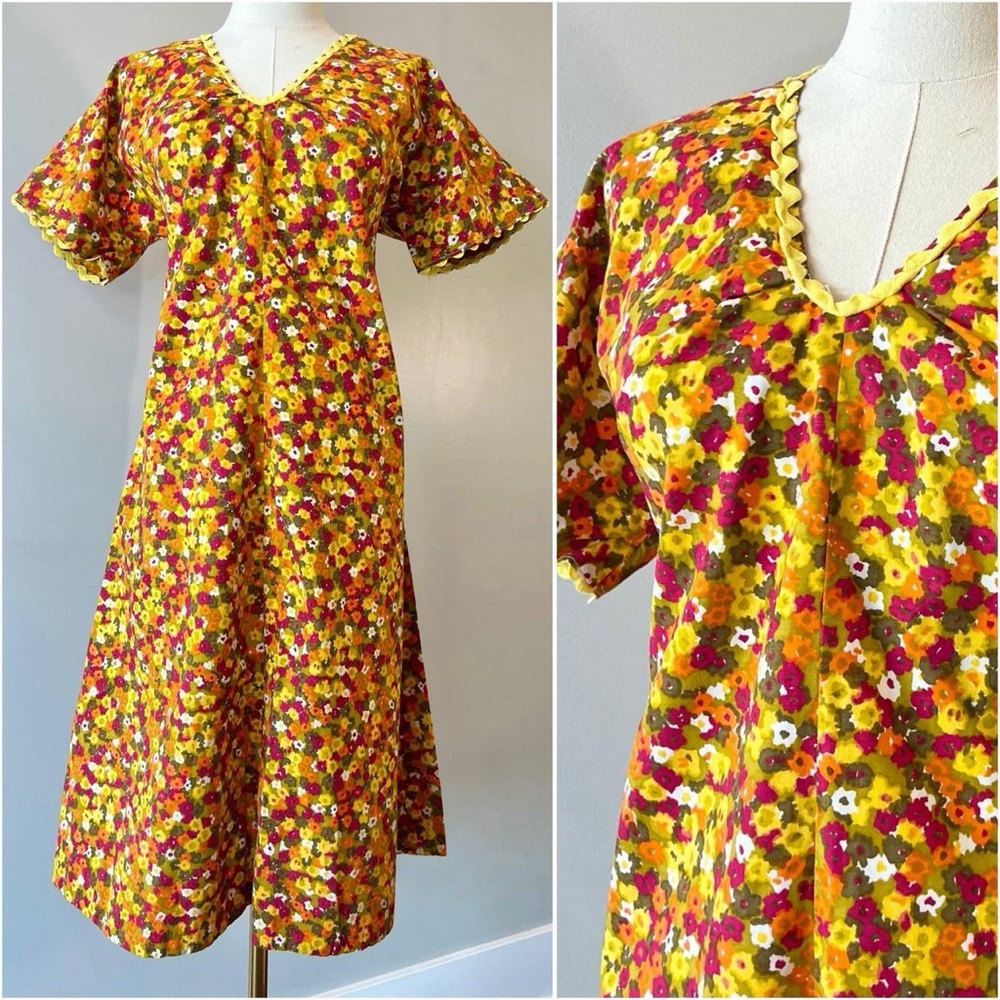 Vintage 1970s Cotton Dress Shift 60s Cottagecore Calico Orange Prairie Medium
